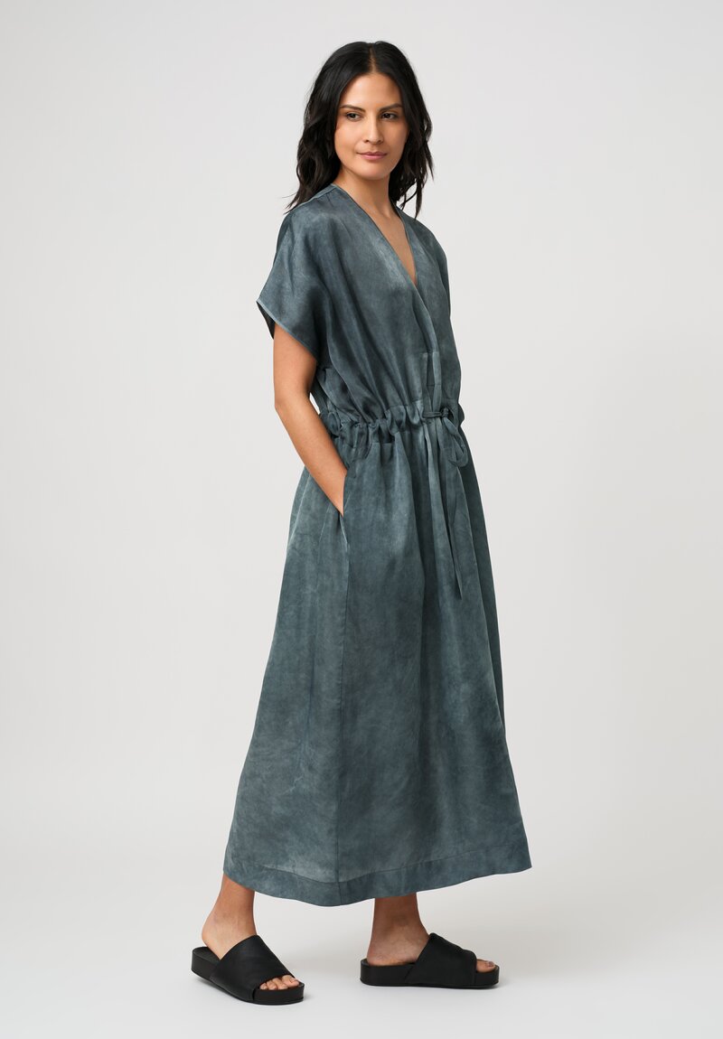 Uma Wang Satin Drawstring Waist Acre Dress in Marbled Steel Blue