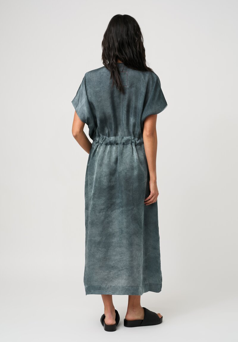 Uma Wang Satin Drawstring Waist Acre Dress in Marbled Steel Blue