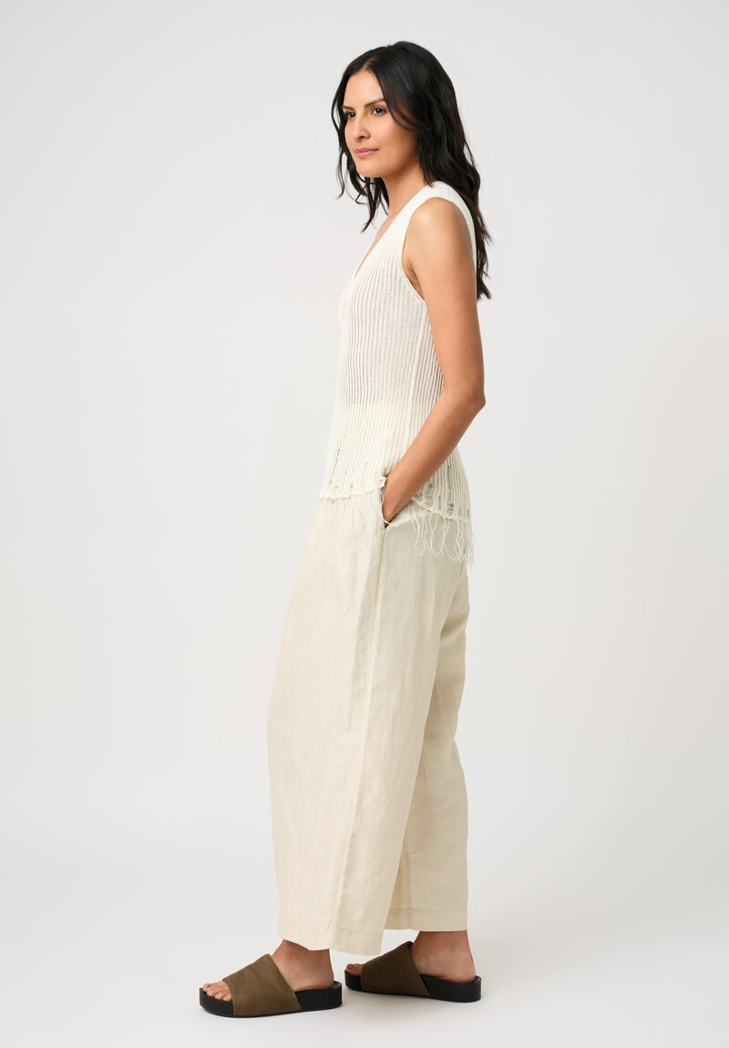 Uma Wang Cotton Ribbed Loose Gauge Knit Distressed V-Neck Top in Off-White