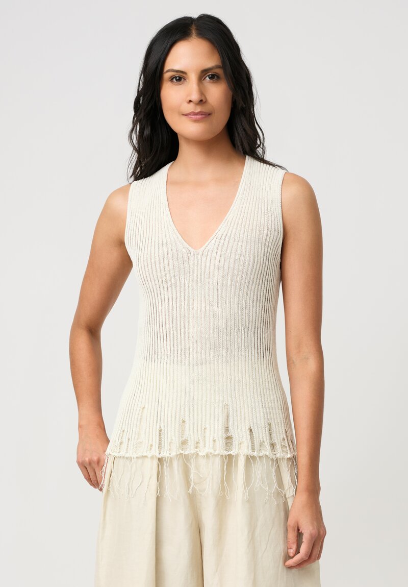Uma Wang Cotton Ribbed Loose Gauge Knit Distressed V-Neck Top in Off-White