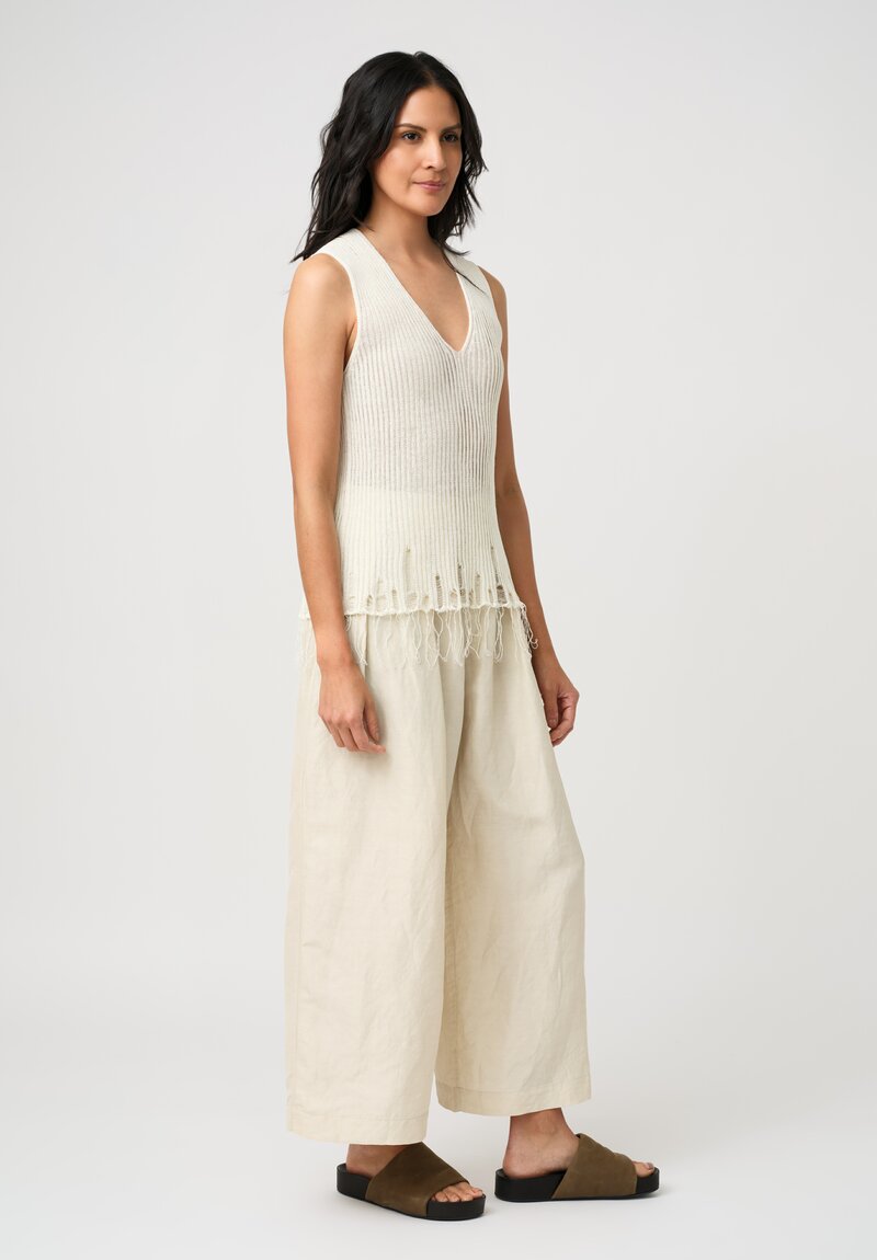 Uma Wang Cotton Ribbed Loose Gauge Knit Distressed V-Neck Top in Off-White
