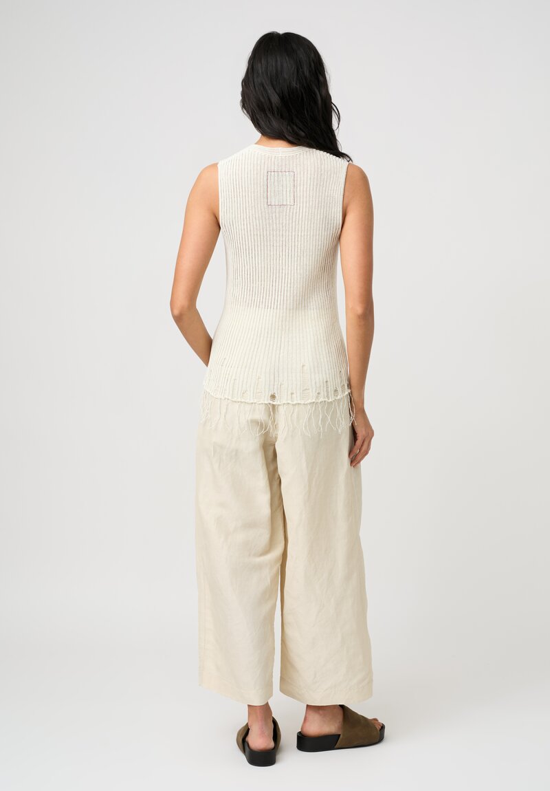 Uma Wang Cotton Ribbed Loose Gauge Knit Distressed V-Neck Top in Off-White