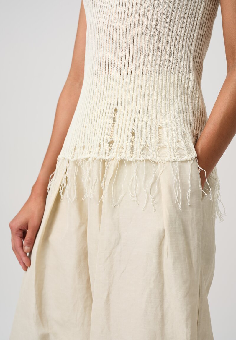Uma Wang Cotton Ribbed Loose Gauge Knit Distressed V-Neck Top in Off-White