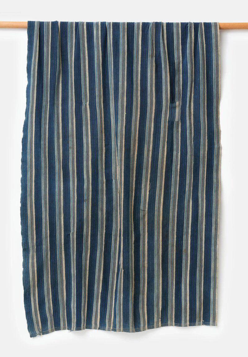 Antique & Vintage Hand Spun Cotton Textile in Warm Striped Mixed Indigo Blue