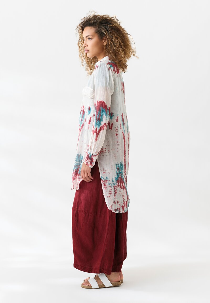 Gilda Midani Linen Pattern Dyed Long Blind Tunic Shirt in Laal Red & Teal Tyde