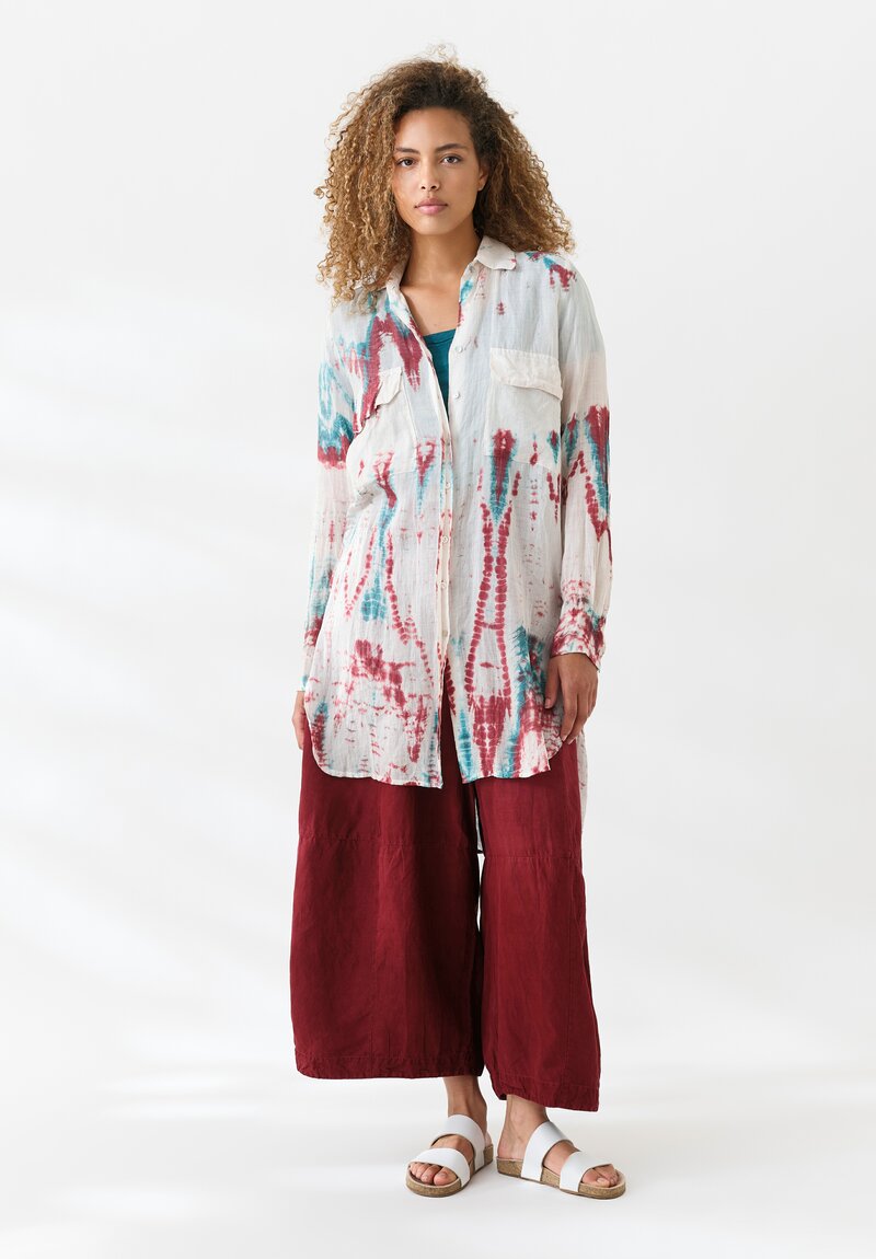 Gilda Midani Linen Pattern Dyed Long Blind Tunic Shirt in Laal Red & Teal Tyde