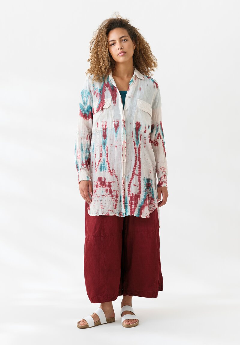 Gilda Midani Linen Pattern Dyed Long Blind Tunic Shirt in Laal Red & Teal Tyde