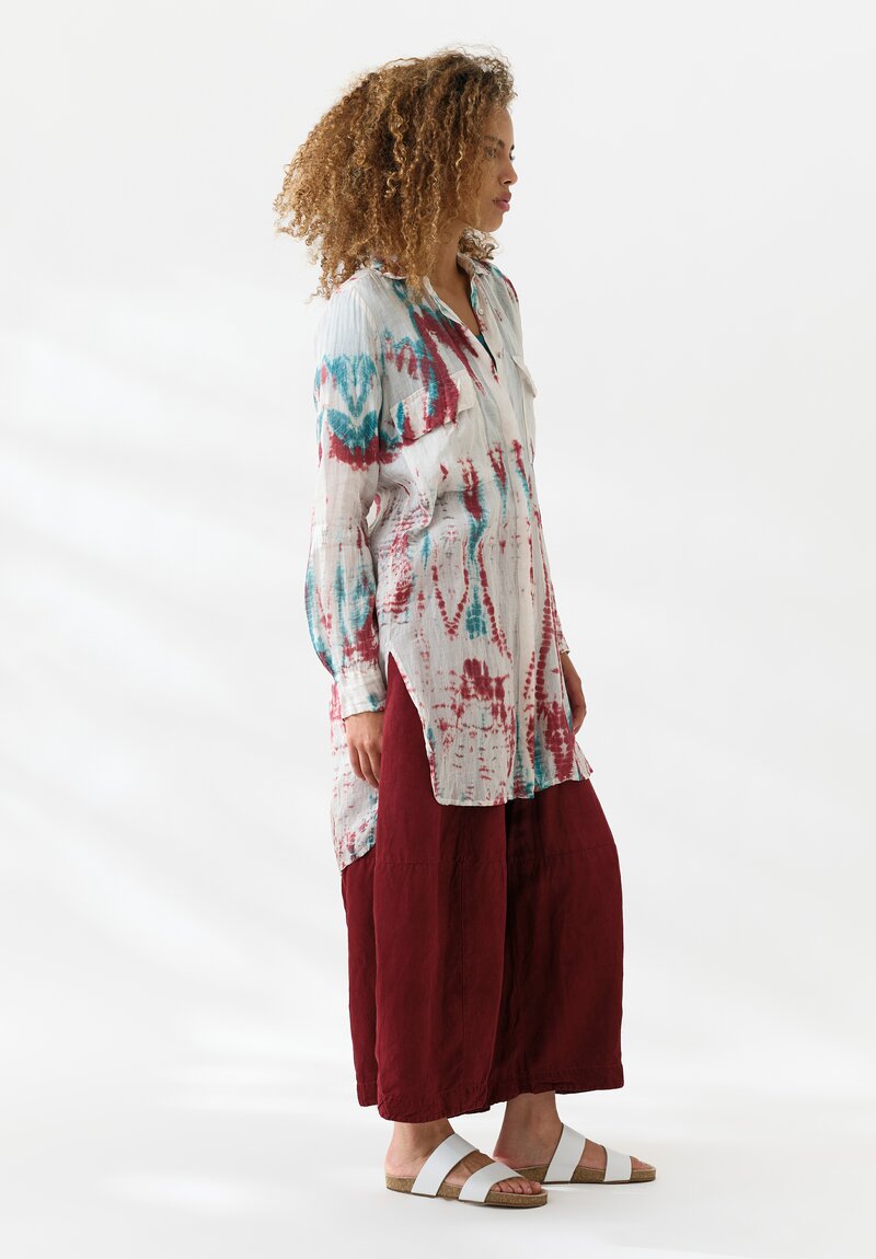 Gilda Midani Linen Pattern Dyed Long Blind Tunic Shirt in Laal Red & Teal Tyde