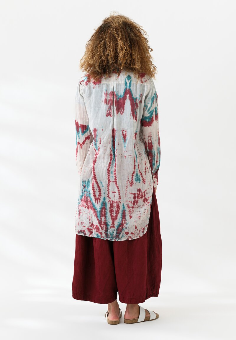 Gilda Midani Linen Pattern Dyed Long Blind Tunic Shirt in Laal Red & Teal Tyde