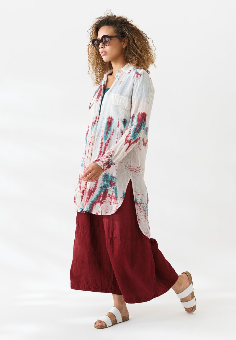 Gilda Midani Linen Pattern Dyed Long Blind Tunic Shirt in Laal Red & Teal Tyde