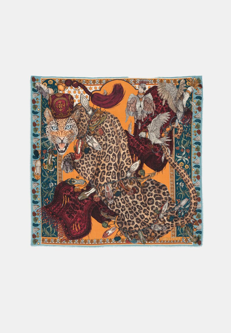 Sabina Savage Cashmere Leopard's Bazaar Scarf in Teal Blue & Turmeric