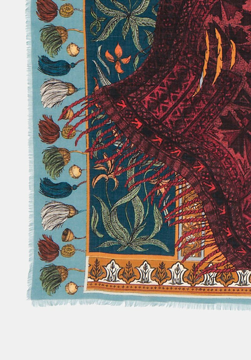 Sabina Savage Cashmere Leopard's Bazaar Scarf in Teal Blue & Turmeric