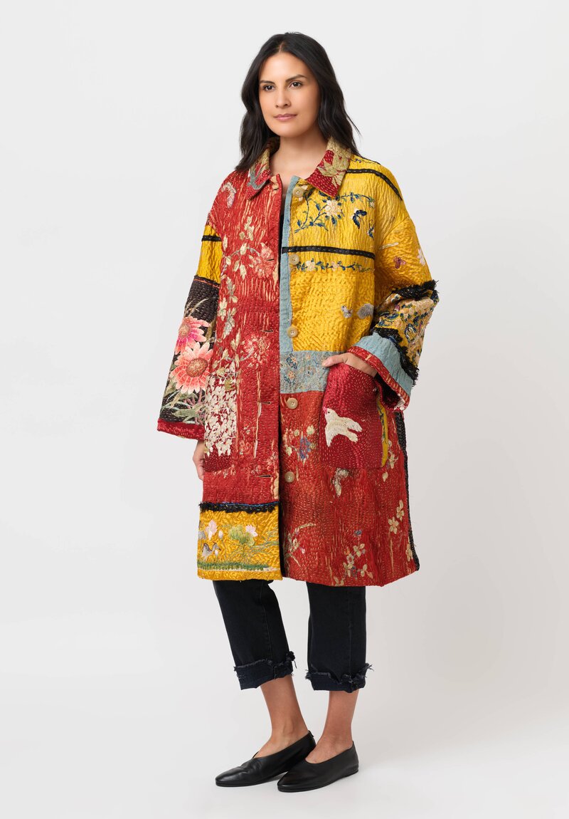 By Walid 19th C. Chinese Embroidered Silk Georgina Coat in Red & Yellow