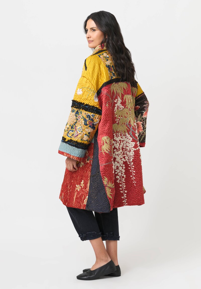 By Walid 19th C. Chinese Embroidered Silk Georgina Coat in Red & Yellow