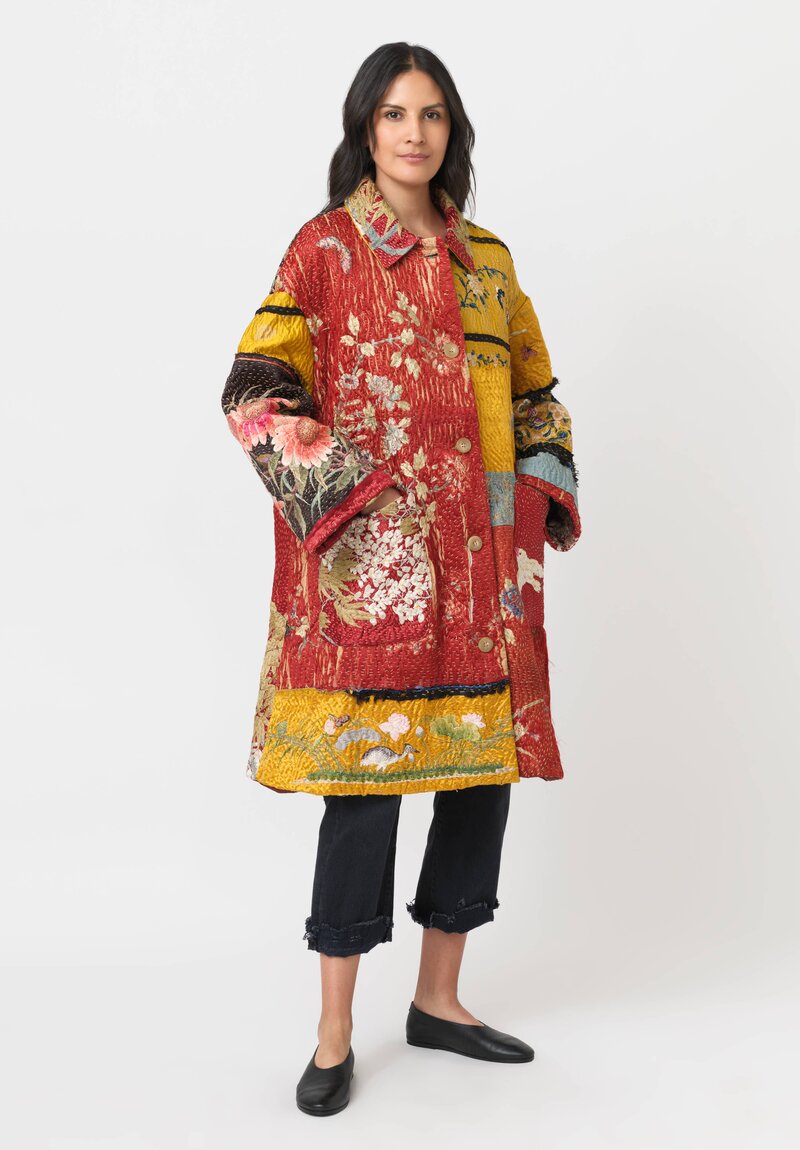 By Walid 19th C. Chinese Embroidered Silk Georgina Coat in Red & Yellow
