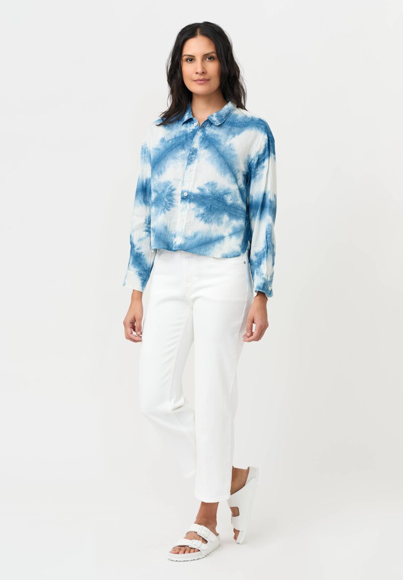 Cottle Hemp & Cotton "Sand Beach, New Wave" Short Shibori Shirt in Blue Vein & White
