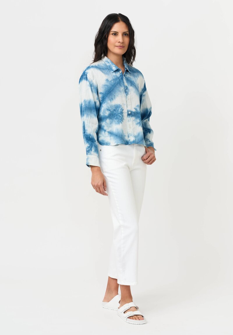 Cottle Hemp & Cotton "Sand Beach, New Wave" Short Shibori Shirt in Blue Vein & White