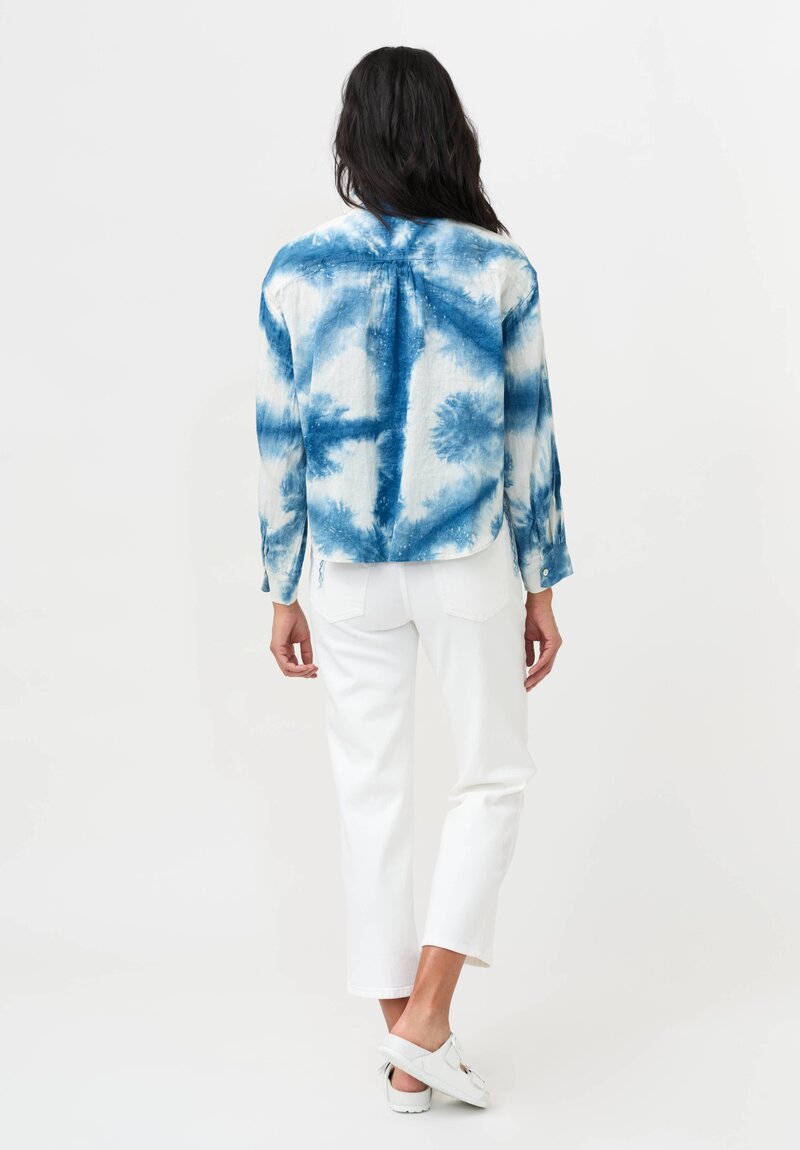 Cottle Hemp & Cotton "Sand Beach, New Wave" Short Shibori Shirt in Blue Vein & White