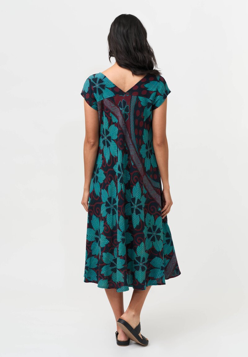 Mieko Mintz Vintage Cotton Voile Kantha Flare Dress in Teal & Red