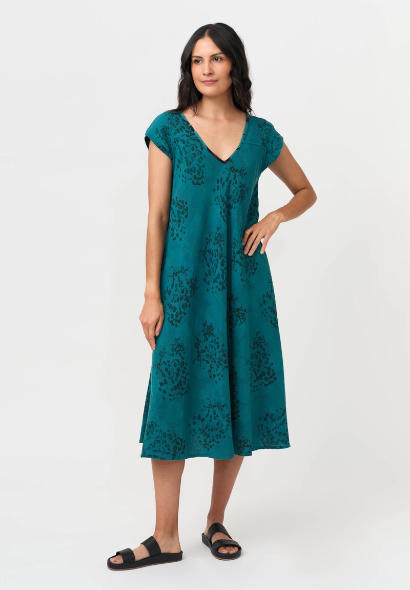 Mieko Mintz Vintage Cotton Voile Kantha Flare Dress in Teal & Red