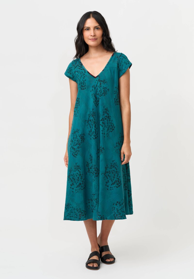 Mieko Mintz Vintage Cotton Voile Kantha Flare Dress in Teal & Red
