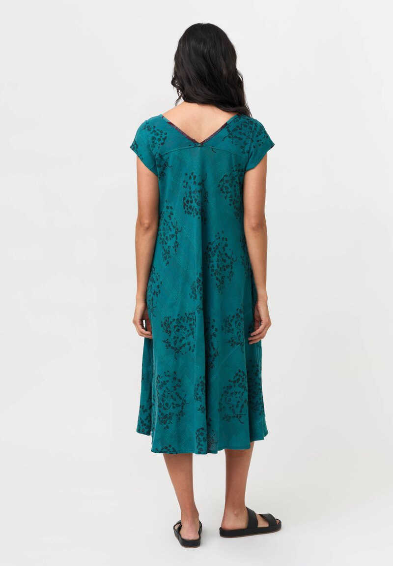Mieko Mintz Vintage Cotton Voile Kantha Flare Dress in Teal & Red