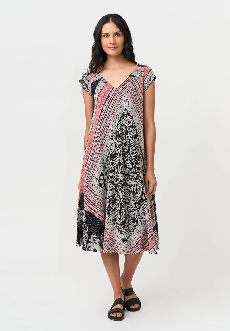 Mieko Mintz Vintage Cotton Paisley Kantha Flare Dress in Red, White & Black