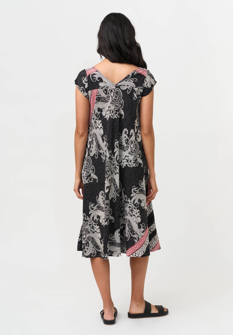 Mieko Mintz Vintage Cotton Paisley Kantha Flare Dress in Red, White & Black