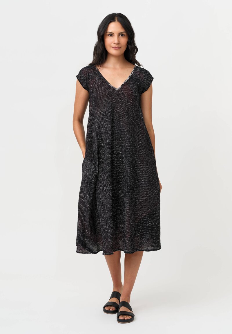 Mieko Mintz Vintage Cotton Paisley Kantha Flare Dress in Red, White & Black