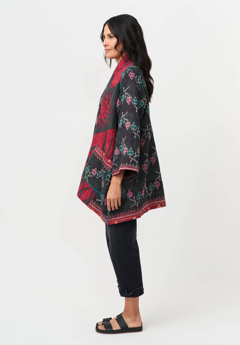 Mieko Mintz Vintage Cotton Kantha A-Line Jacket in Pink, Teal & Black