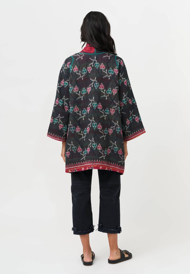 Mieko Mintz Vintage Cotton Kantha A-Line Jacket in Pink, Teal & Black