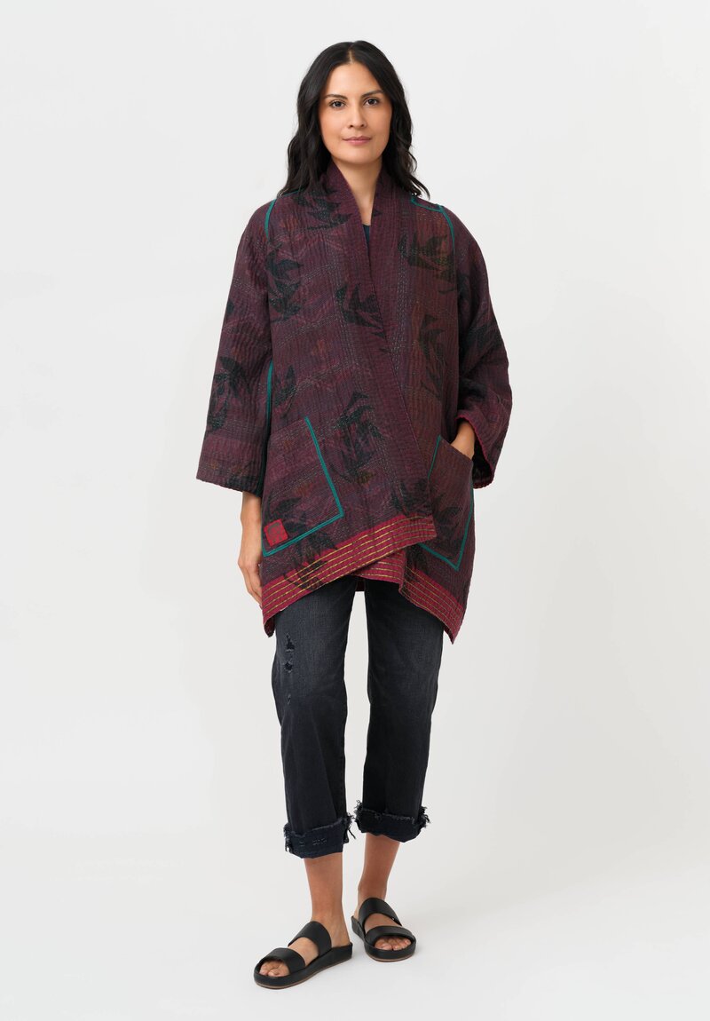 Mieko Mintz Vintage Cotton Kantha A-Line Jacket in Pink, Teal & Black