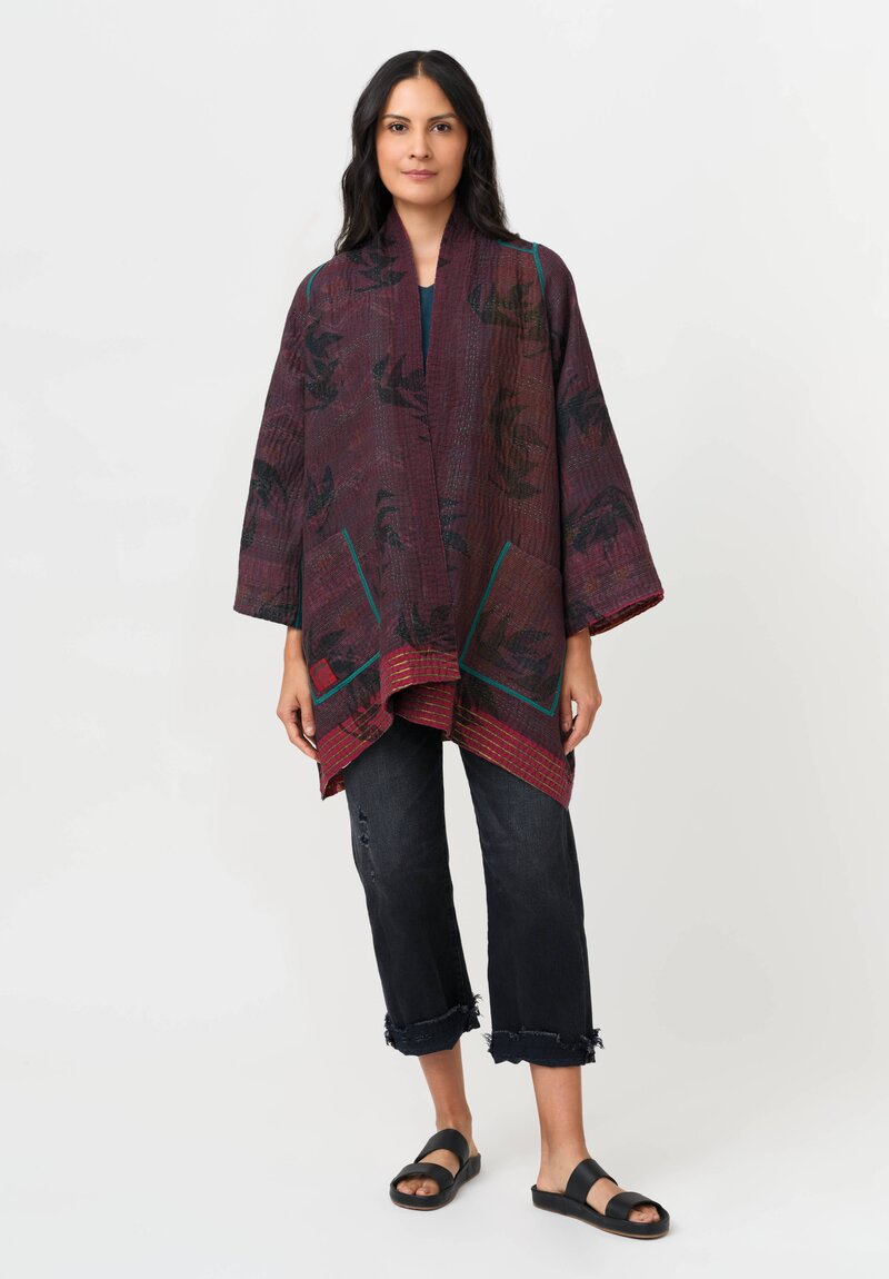 Mieko Mintz Vintage Cotton Kantha A-Line Jacket in Pink, Teal & Black