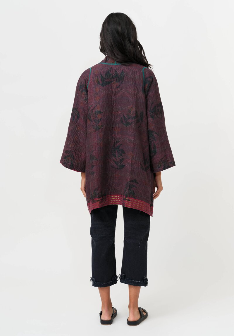 Mieko Mintz Vintage Cotton Kantha A-Line Jacket in Pink, Teal & Black