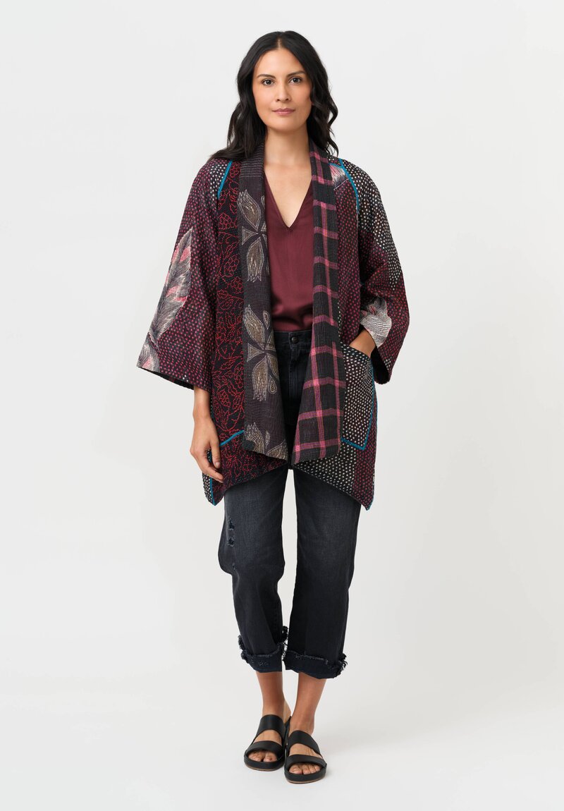 Mieko Mintz Vintage Cotton Kantha A-Line Jacket in Black, White & Red Dots
