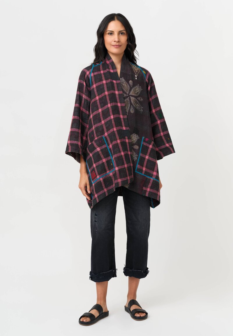 Mieko Mintz Vintage Cotton Kantha A-Line Jacket in Black, White & Red Dots