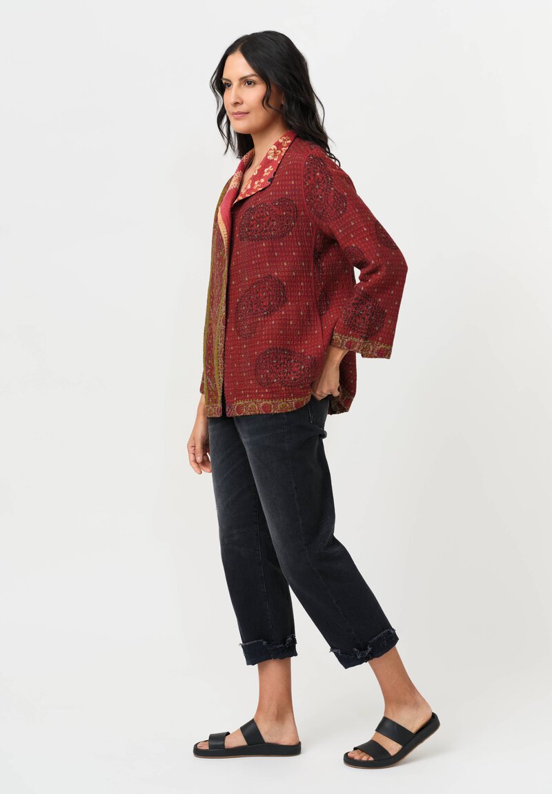 Mieko Mintz Vintage Cotton Kantha Short Jacket in Red & Olive