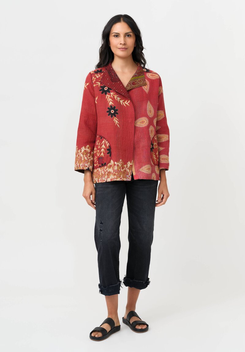 Mieko Mintz Vintage Cotton Kantha Short Jacket in Red & Olive