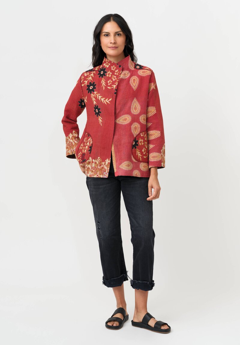 Mieko Mintz Vintage Cotton Kantha Short Jacket in Red & Olive