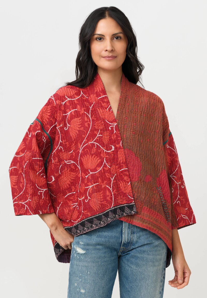 Mieko Mintz Vintage Cotton Mini Kimono Jacket in Red & Brown