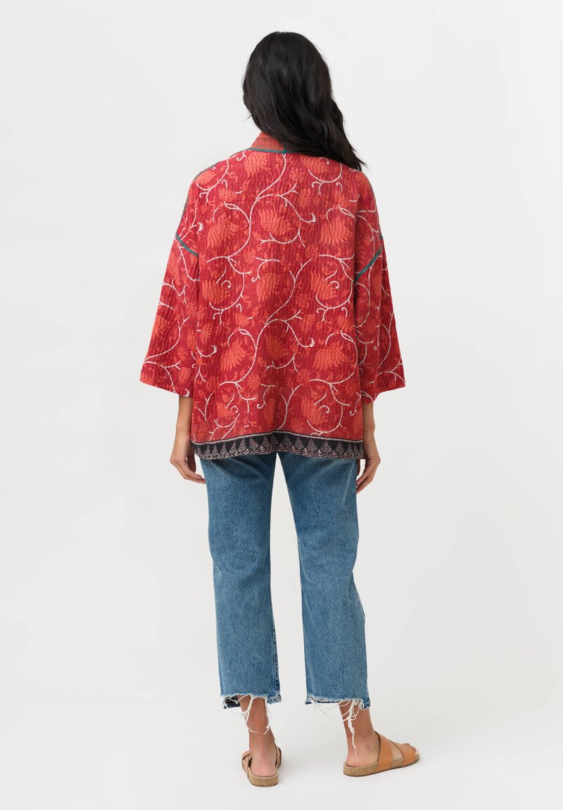 Mieko Mintz Vintage Cotton Mini Kimono Jacket in Red & Brown