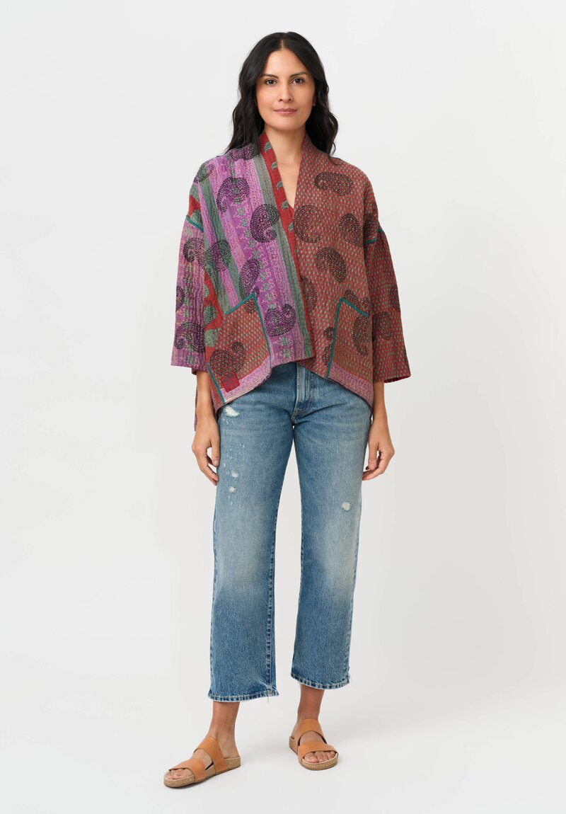 Mieko Mintz Vintage Cotton Mini Kimono Jacket in Red & Brown