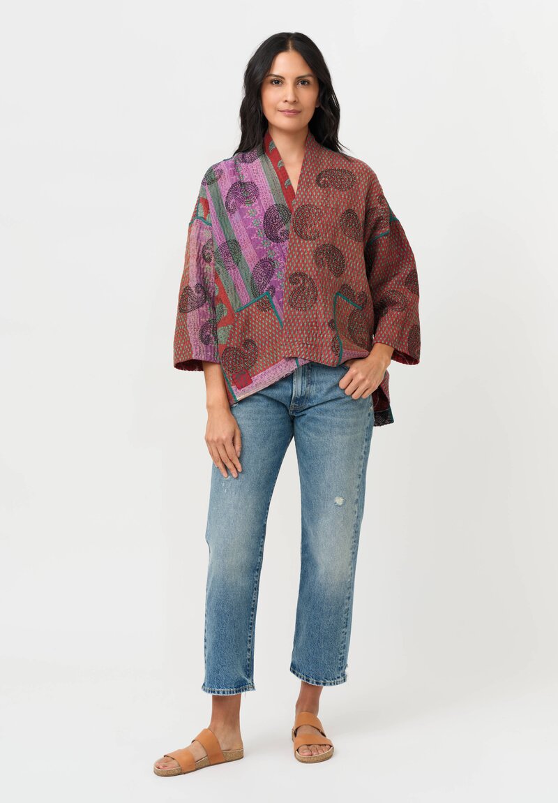 Mieko Mintz Vintage Cotton Mini Kimono Jacket in Red & Brown