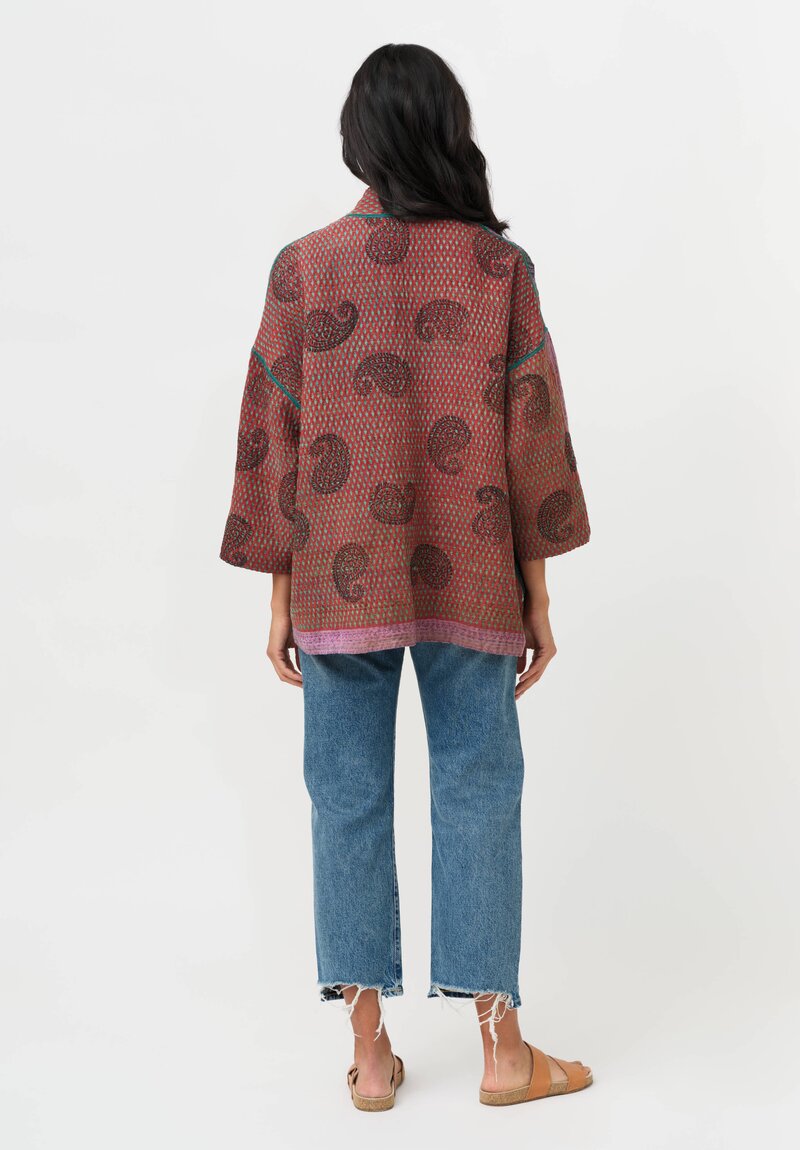 Mieko Mintz Vintage Cotton Mini Kimono Jacket in Red & Brown