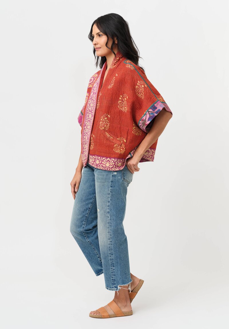 Mieko Mintz Vintage Cotton Kantha Mini Poncho Jacket in Rust, Pink & Beige