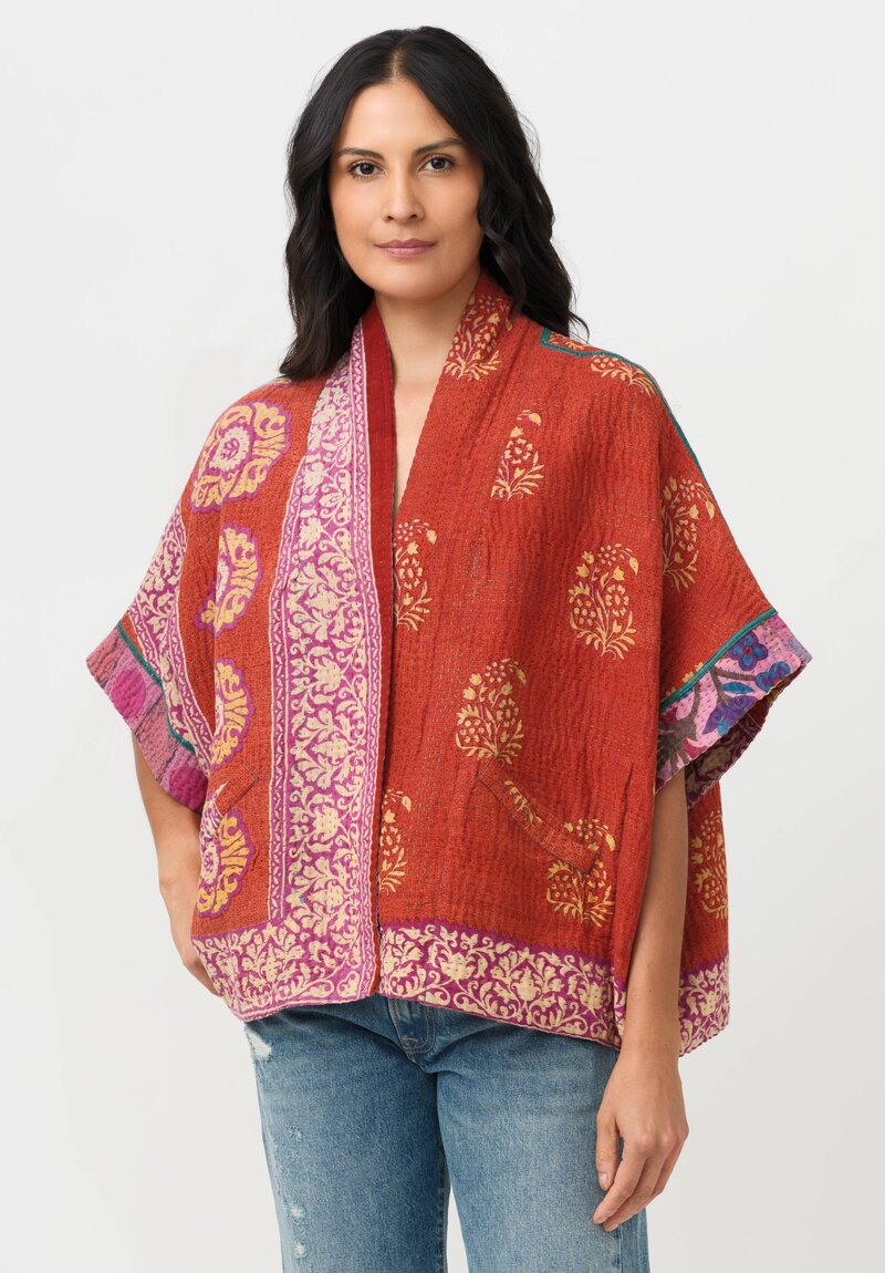 Mieko Mintz Vintage Cotton Kantha Mini Poncho Jacket in Rust, Pink & Beige
