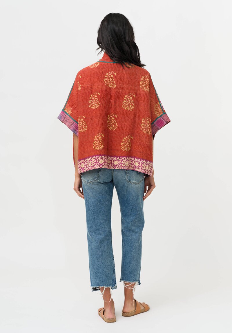 Mieko Mintz Vintage Cotton Kantha Mini Poncho Jacket in Rust, Pink & Beige