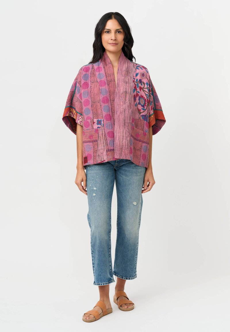 Mieko Mintz Vintage Cotton Kantha Mini Poncho Jacket in Rust, Pink & Beige