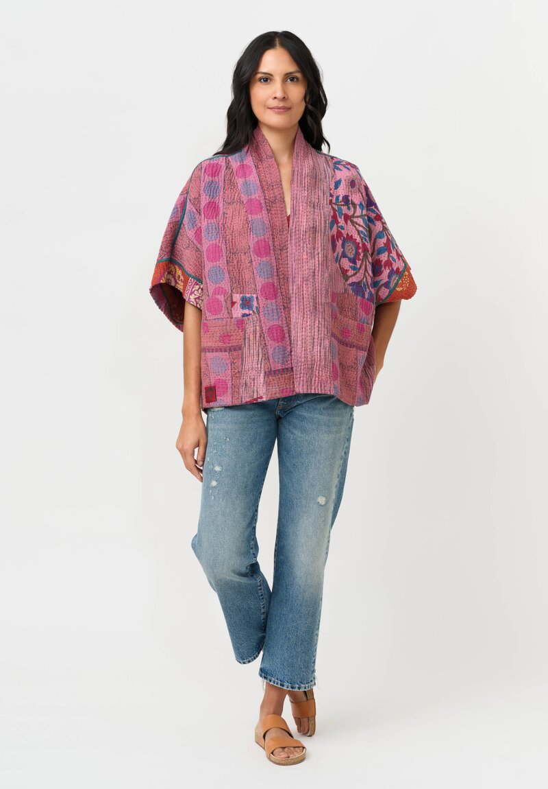 Mieko Mintz Vintage Cotton Kantha Mini Poncho Jacket in Rust, Pink & Beige