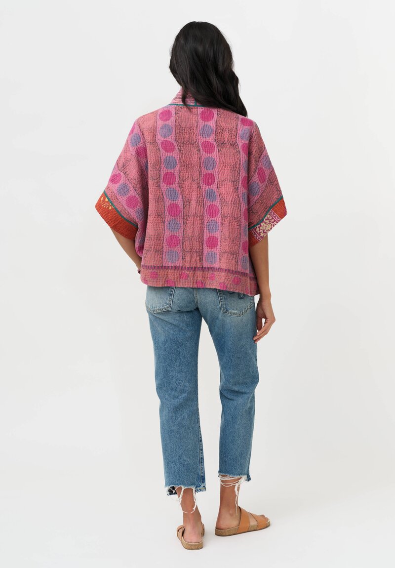 Mieko Mintz Vintage Cotton Kantha Mini Poncho Jacket in Rust, Pink & Beige